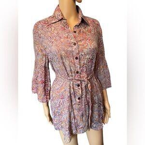 Go Fish Hippie Boho Psychedelic Stoner Tie Dye Button Up High Low Tunic Top